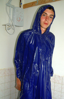 shower test of blue cagoule as sexy swimwear